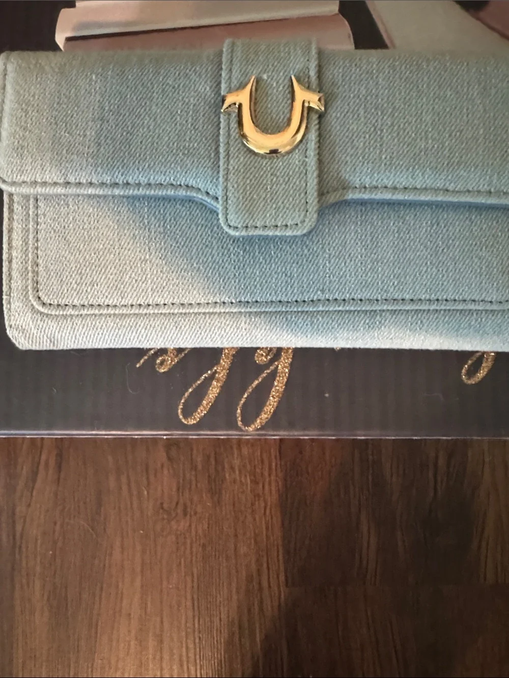 True Religion Pale Blue Fabric Wallet with Gold Horseshoe Logo